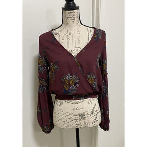 Windsor Shirt Womens Small Maroon Sheer Cropped Peasant Sleeve Waist Tie